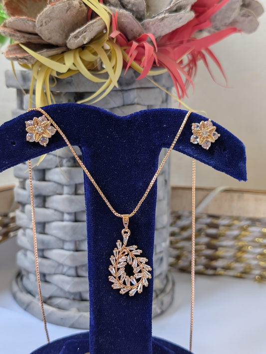 Elegant Floral Pendant & Earring Jewelry Set – Silver & Rose Gold Finish